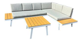 Set mobilier de grădină POLOR (oțel alb + stejar + gri deschis) (pentru 4-6 persoane)