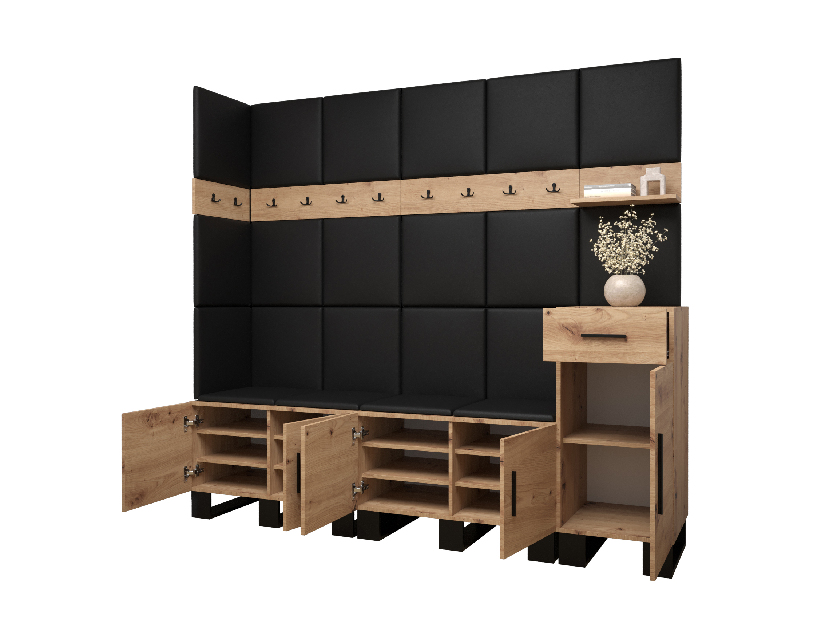 Set mobilier pentru hol Amanda 9 (Stejar artisan + piele ecologică Negru)