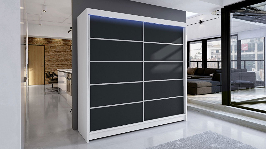 Dulap cu uși culisante Bastian IV (alb + negru) (Iluminat LED RGB color)