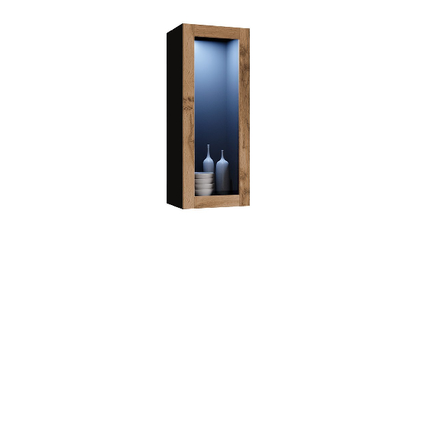 Vitrină 90 sticlă Zylia (Negru + Stejar wotan) (iluminat LED albastru)