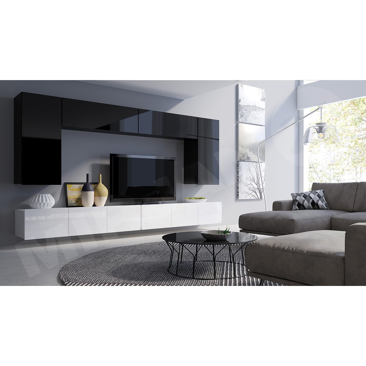 Mobilier living Brolani XIII (Stejar auriu + Alb + lucios Alb) 