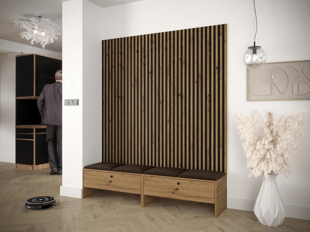 Mobilier hol Esmaldos V (Stejar artisan + Negru + maro) 