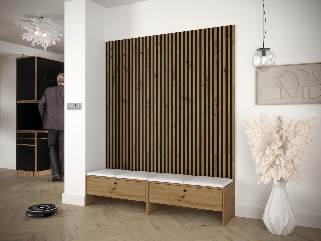 Mobilier hol Esmaldos V (Stejar artisan + Negru + Alb) 