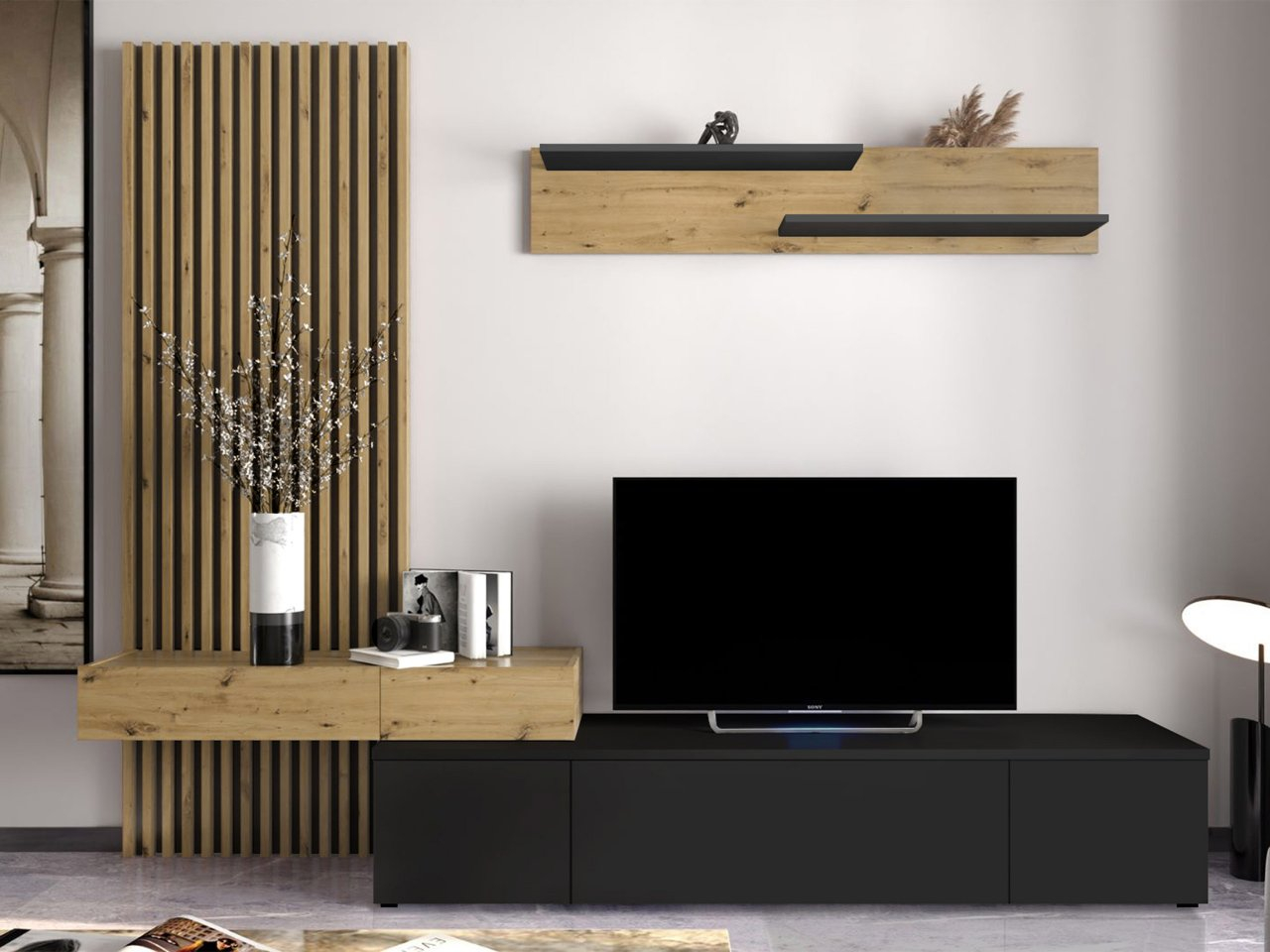 Mobilier living Sewota Plus (Negru + Stejar artisan) 