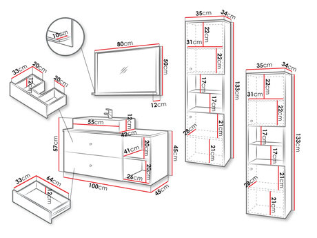 Mobilier baie Kiago III (Negru mat + Marmură Negru + auriu) (cu sifon)