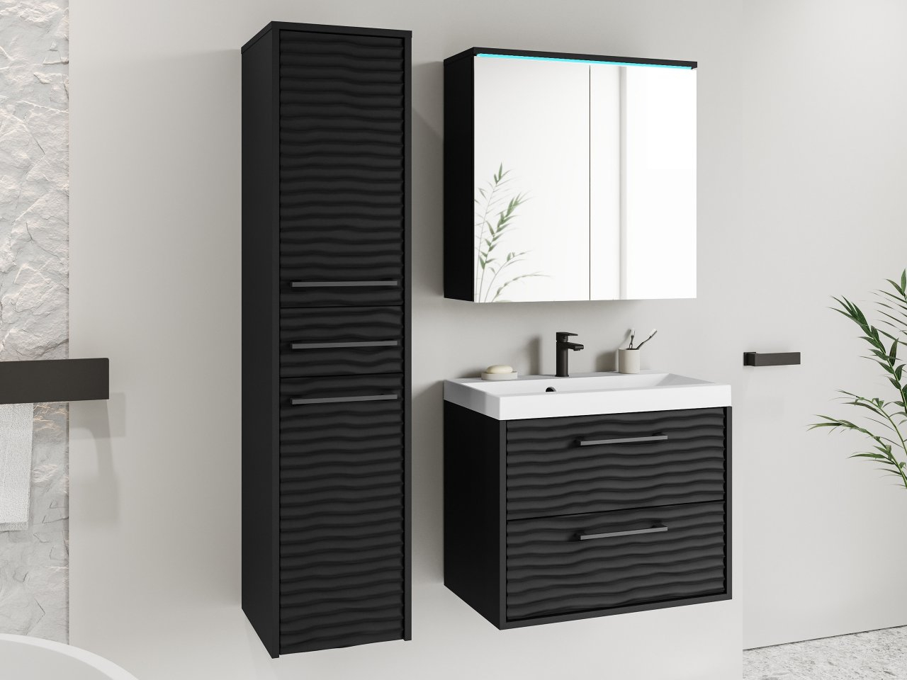 Mobilier baie Tameko I (Negru grafit + Negru) (cu baterie Economico BYU 020M și sifon) (cu iluminat LED alb)