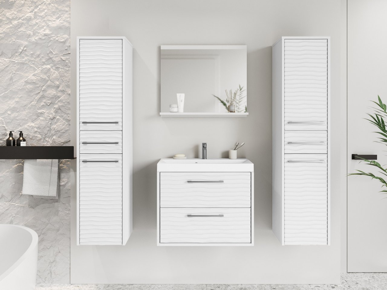 Mobilier baie Tameko III (Alb + Alb) (cu baterie Maro Blo 020M și sifon)