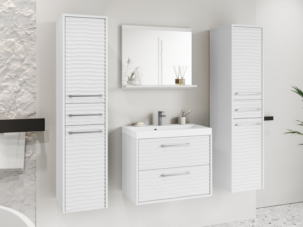 Mobilier baie Tameko III (Alb + Alb) (cu baterie Maro Blo 020M și sifon)