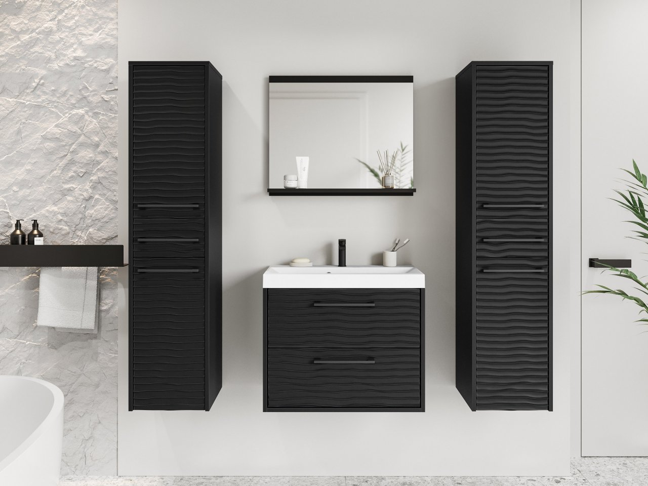 Mobilier baie Tameko III (Negru grafit + Negru) (cu baterie Maro Blo 020M și sifon)