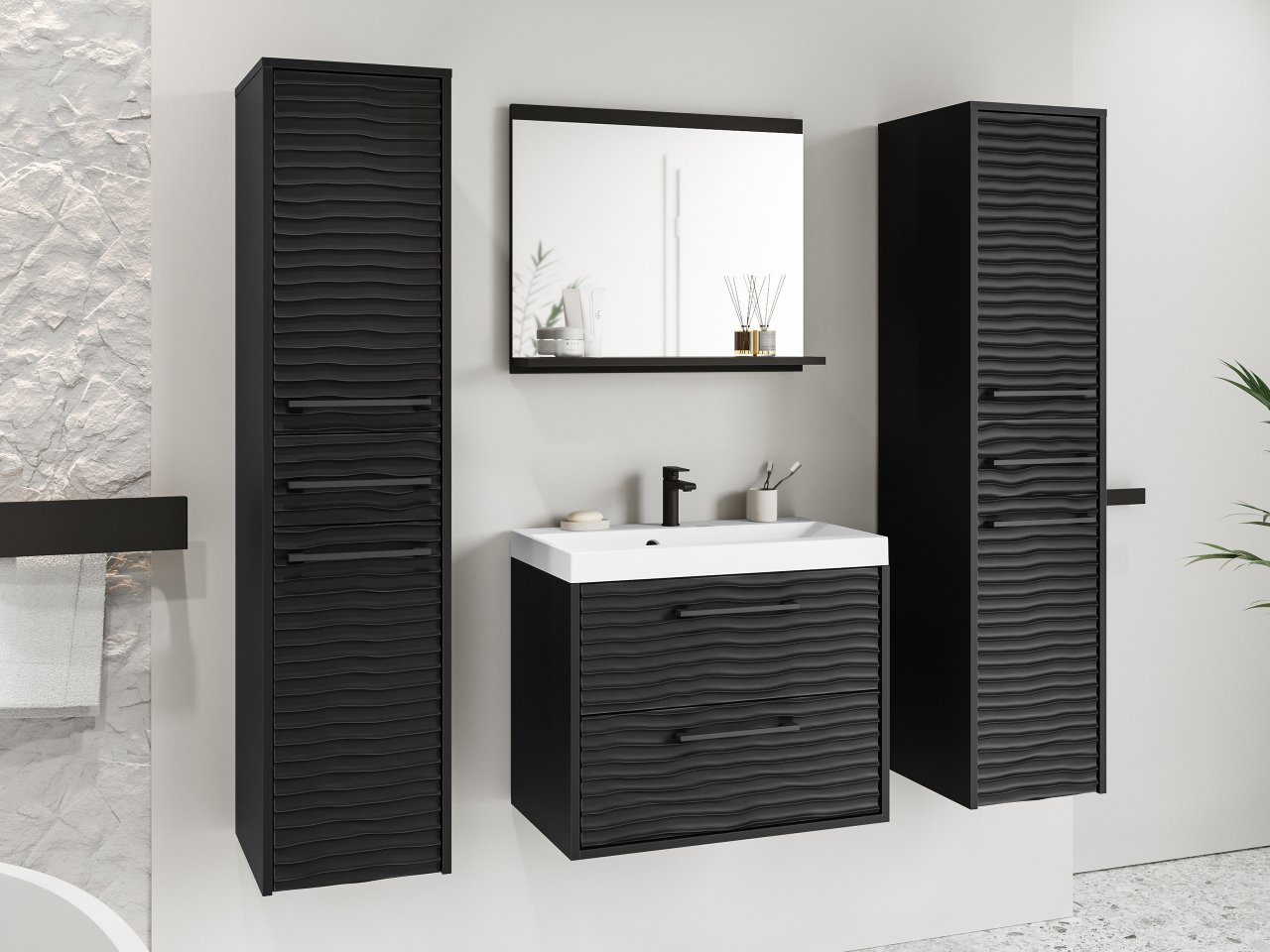 Mobilier baie Tameko III (Negru grafit + Negru) (cu baterie Economico BYU 020M și sifon)