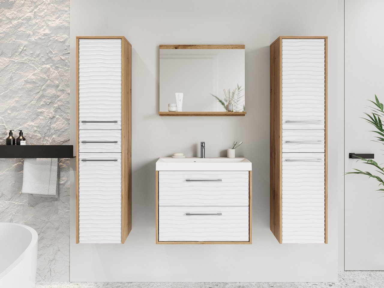 Mobilier baie Tameko III (Stejar wotan + Alb) (cu baterie Economico BYU 020M și sifon)