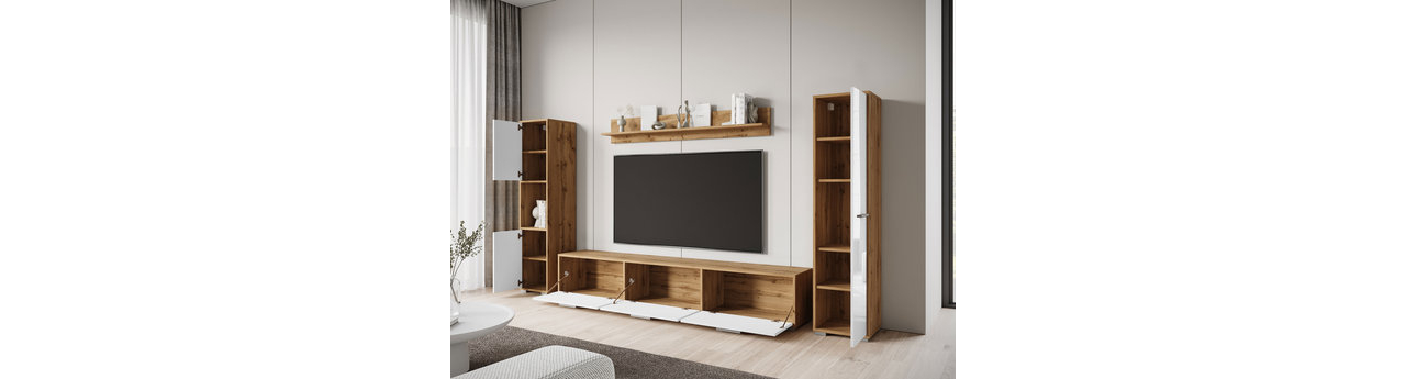 Mobilier living Ikinra XL (Stejar wotan + lucios Alb) 